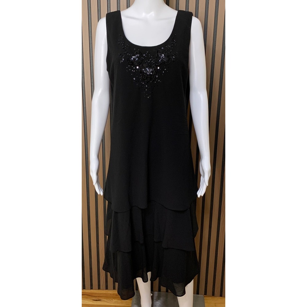 R&M Richards Black Tiered Beaded Sequin Sleeveless Midi Dress Women's 16